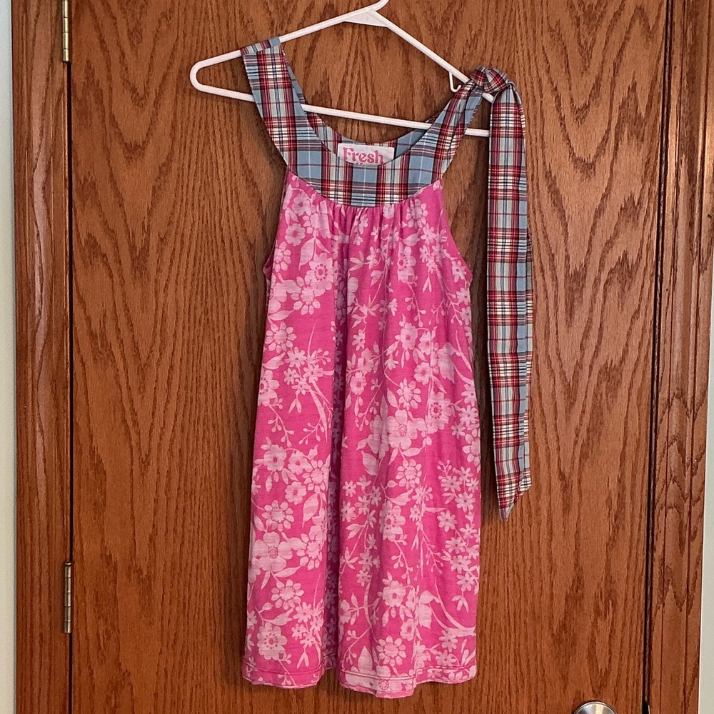 Fresh Karma Pink Floral Dress with Plaid Accents Rare Find